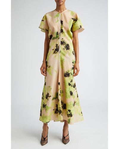 Victoria Beckham Floral Print Drape Shoulder Cloqué Dress - Metallic
