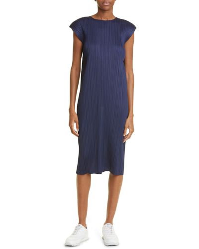 Pleats Please Issey Miyake Monthly Colors August Pleated Midi Dress - Blue
