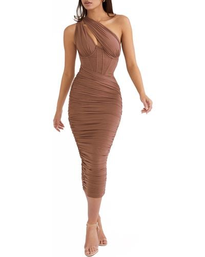 House Of Cb Valentina Asymmetric Cutout One-shoulder Midi Dress - Brown
