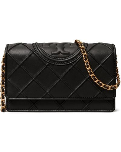 Tory Burch Fleming Soft Leather Wallet On A Chain - Black