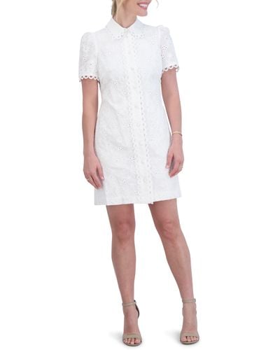 Eliza J Eyelet Puff Sleeve Mini Shirtdress - White