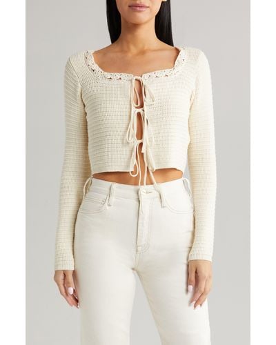 All In Favor Tie Front Cotton Crop Cardigan In At Nordstrom, Size Medium - Blue