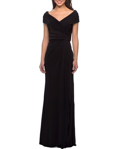 La Femme Ruched Jersey Column Gown - Black