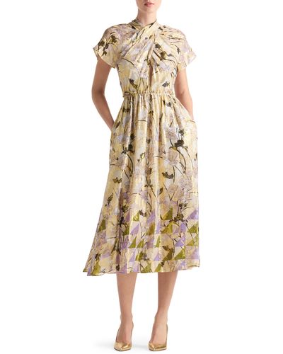 St. John Geo Frieze Jacquard Wrap Neck Dress - Natural