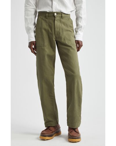 Drake's Herringbone Stripe Cotton & Linen Fatigue Pants - Green