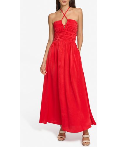 DKNY Ruched Halter Satin Maxi Dress - Red
