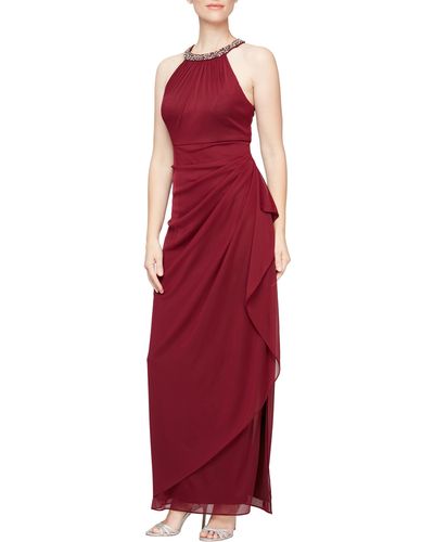 Alex Evenings Embellished Halter Ruched Column Formal Gown - Red