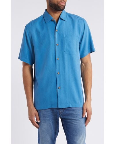 Tommy Bahama Whiskey Business Short Sleeve Silk Jacquard Button-up Shirt - Blue