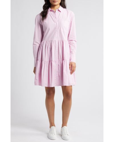 Caslon Caslon(r) Stripe Tiered Long Sleeve Shirtdress - Pink