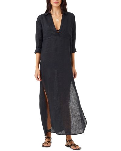 L*Space Capistrano Long Sleeve Linen Cover-up Tunic Dress - Black