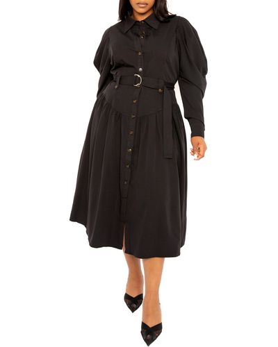 Buxom Couture Long Sleeve Midi Shirtdress - Black