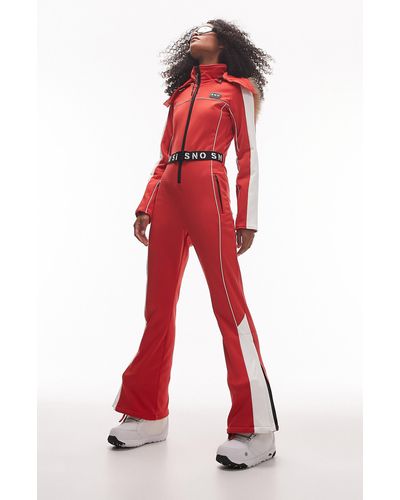 TOPSHOP Hooded Belted Flare Leg Ski Suit With Faux Fur Trim - Red