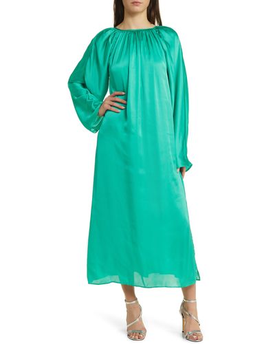 ASOS Long Sleeve Washed Satin Shift Midi Dress - Green