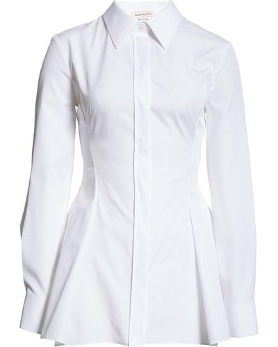 Alexander McQueen Peplum Flare Cotton Poplin Button-up Shirt - White