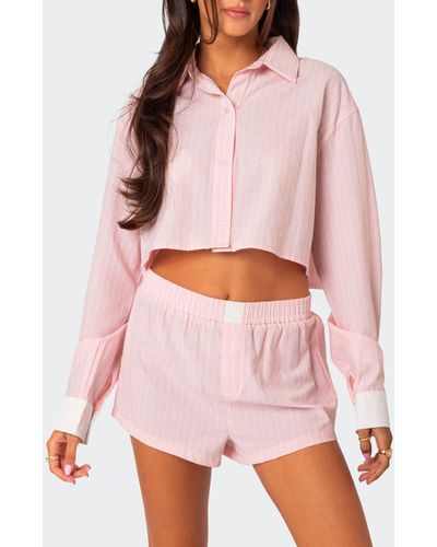 Edikted Lea Pinstripe Cropped Button-up Shirt - Pink