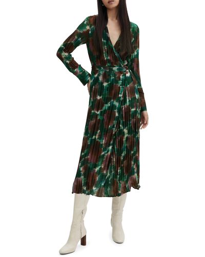 Mango Abstract Print Pleated Belted Long Sleeve Midi Wrap Dress - Green