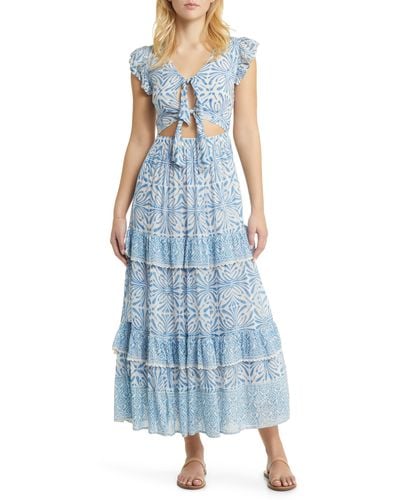 Alicia Bell Cutout Tie Front Cotton & Silk Cover-up Maxi Dress - Blue