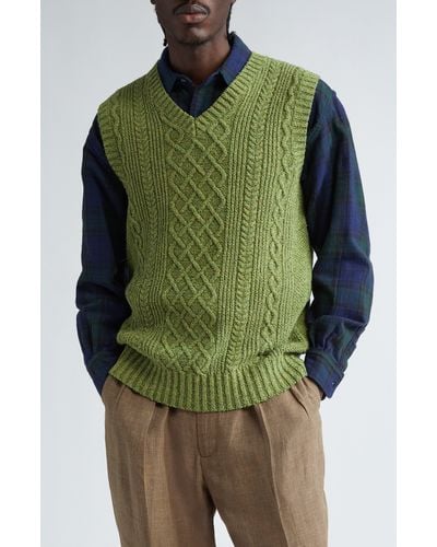 Beams Plus Alan Cable Knit Sweater Vest - Green