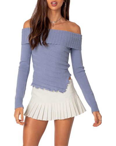 Edikted Sonya Foldover Off The Shoulder Sweater - Blue