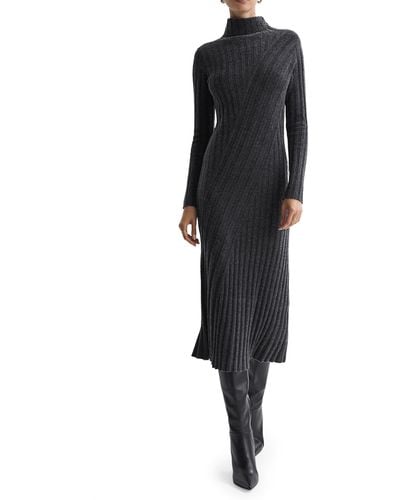 Reiss Cady Long Sleeve Mixed Rib Midi Sweater Dress - Black