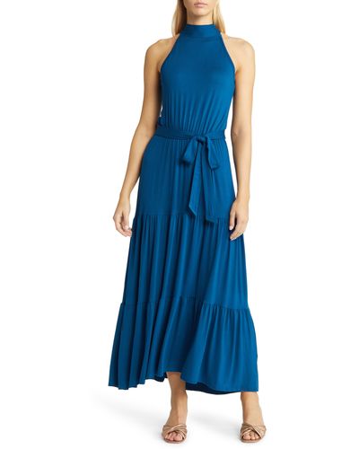 Loveappella Tiered Halter Maxi Dress - Blue