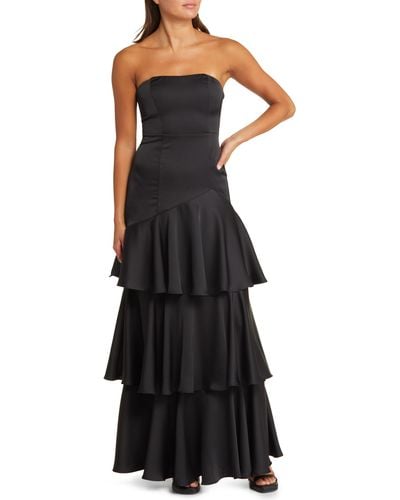 Lulus Blissfully Beautiful Strapless Tiered Satin Gown - Black