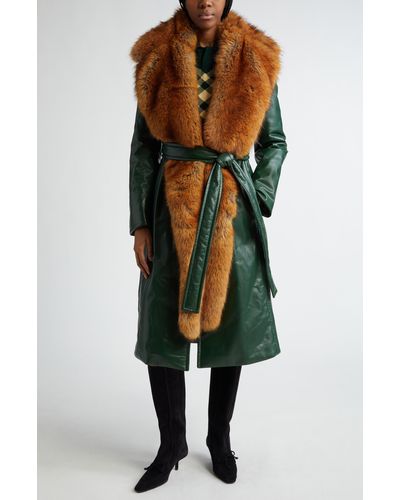 Burberry Padded Leather Wrap Coat With Faux Fur Scarf & Hood - Orange