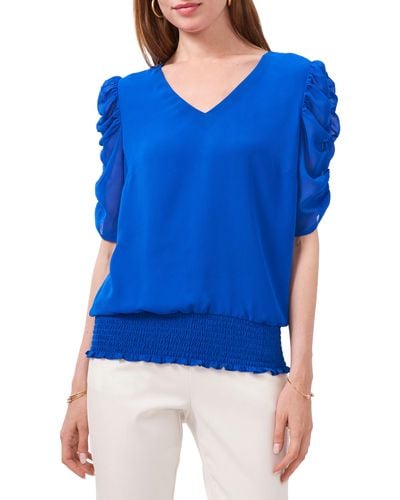 Chaus Ruched Sleeve V-neck Blouse - Blue