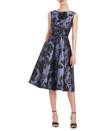 Kay Unger Jackie Floral Jacquard Sleeveless Midi Dress - Blue
