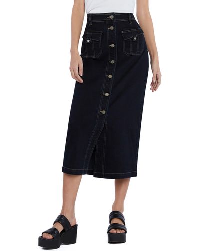 Wash Lab Denim Tab Pocket High Waist Button Front Denim Midi Skirt - Black