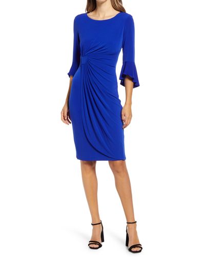 Connected Apparel Ruched Bell Sleeve Faux Wrap Cocktail Dress - Blue