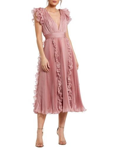 Mac Duggal Pleated Chiffon Cocktail Midi Dress - Pink
