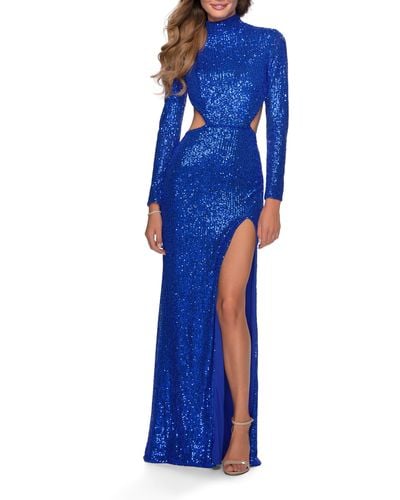 La Femme Sequin Long Sleeve Cutout Gown - Blue