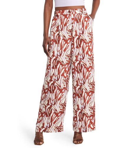Open Edit Abstract Print Satin Pants - Red