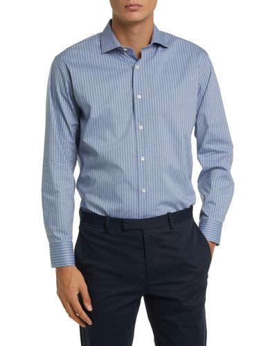 Nordstrom Tech-smart Trim Fit Stripe Cotton Blend Dress Shirt - Blue