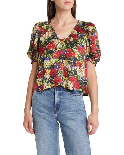 The Great The Ponder Floral Puff Sleeve Blouse - Blue