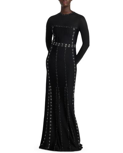 St. John Rhinestone Studded Long Sleeve Knit Gown - Black