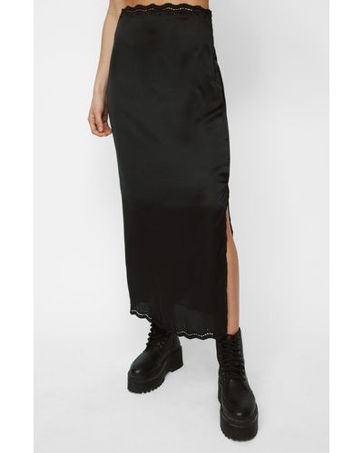 Nasty Gal Scallop Cutwork Satin Maxi Skirt - Black