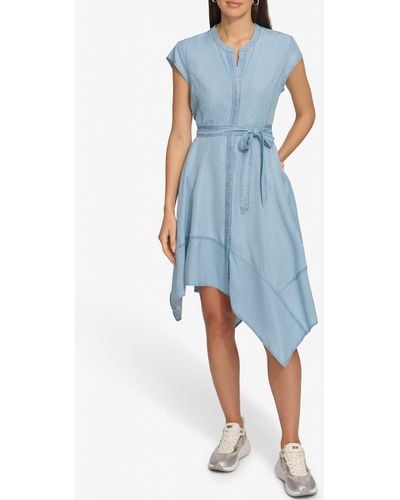 DKNY Cap Sleeve Asymmetric Hem Dress - Blue