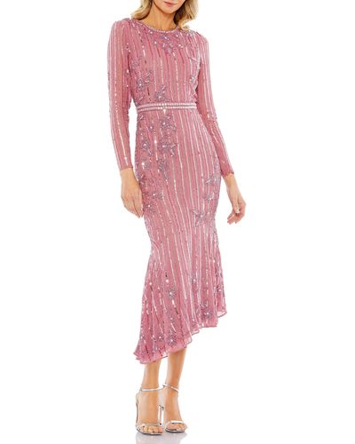 Mac Duggal Embellished Long Sleeve Asymmetric Dress - Pink