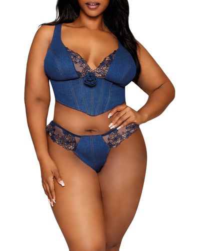 Dreamgirl Embroidered Trim Bustier & Thong At Nordstrom - Blue