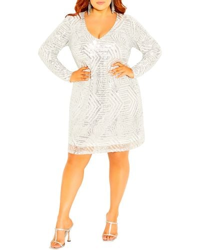 City Chic Bright Lights Sequin Long Sleeve Dress - White