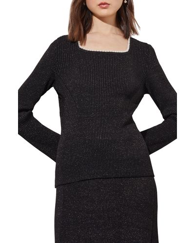 Ming Wang Imitation Pearl Collar Shimmer Rib Sweater - Black