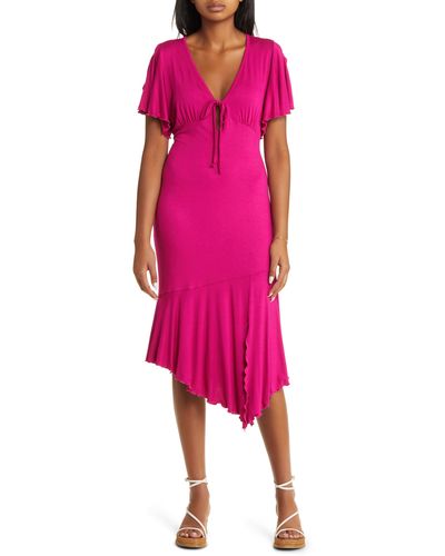 Loveappella Flouncy Tie Front Asymmetric Hem Sheath Dress - Pink