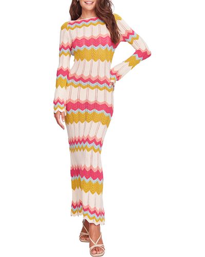 CAPITTANA Piper Long Sleeve Herringbone Pointelle Cover-up Sweater Dress - Multicolor