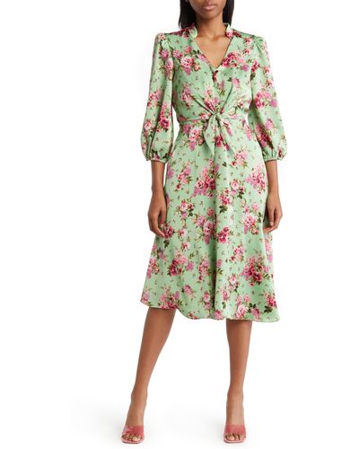 Julia Jordan Floral Print Tie Front Long Sleeve Dress In Green Multi At Nordstrom Rack