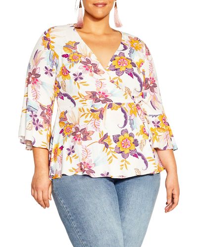 City Chic Island Floral Print Faux Wrap Top - Gray