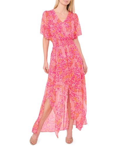 Cece Paisley Print Flutter Sleeve Chiffon Dress - Pink
