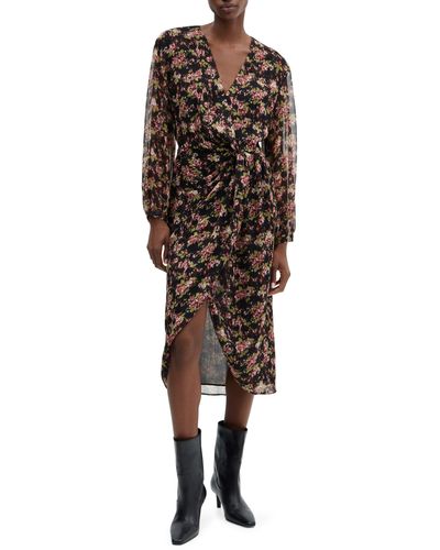Mango Floral Twisted Long Sleeve Dress - Brown