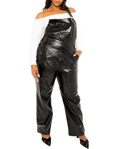 Buxom Couture Croc Embossed Faux Leather Overalls - Black